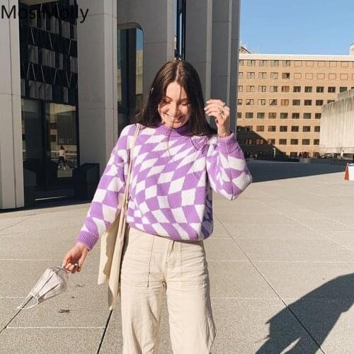 MosiMolly Purple Plaid Sweater Pullovers Jumper Women O Neck Casual Knit Sweater Jumper 2021 AW
