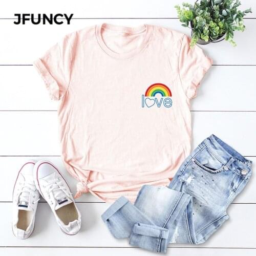 JFUNCY Plus Size Women T Shirt Rainbow Print Summer Tees Woman Tops Short Sleeve Casual T-shirts 100% Cotton Female Tshirt