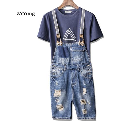 Summer Mens Hole Denim Shorts Straight Bib Jeans Jumpsuits Casual High Quality Hip-Hop Streetwear Tattered Blue Overalls Pants