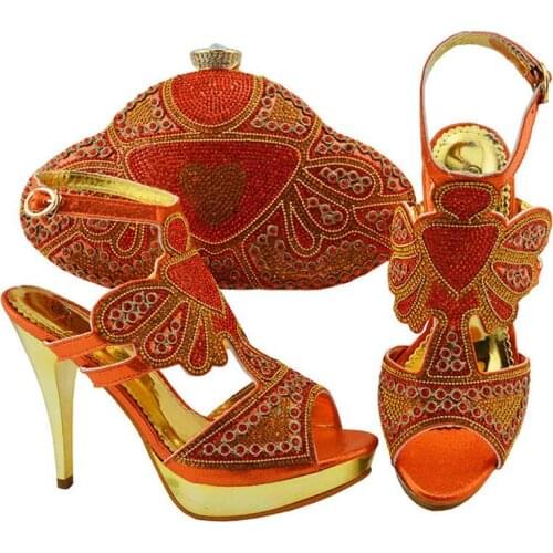 Beautiful orange women pumps with crystal and rhinestone african shoes match handbag set for dress JZC004,heel 11.5CM