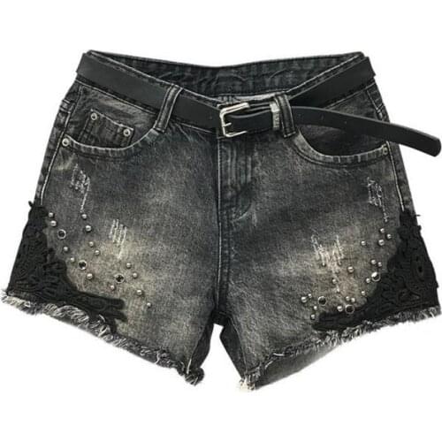 Summer Fashion Casual Women Embroidery Ripped Hole Tassel Rivets Denim Hot Shorts , Embroidered Black Jeans Shorts For Woman