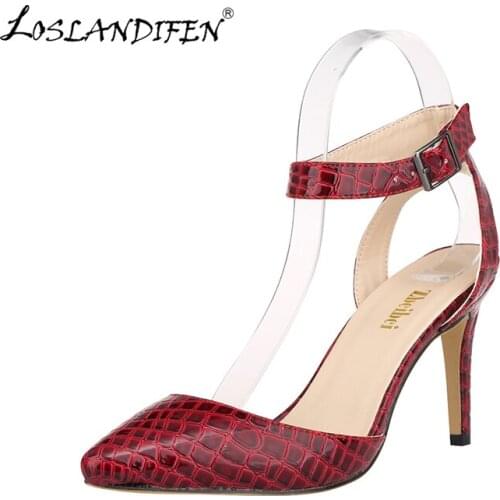 LOSLANDIFEN Summer Woman Pumps crocodile Leather Fashion Open Toe High Heels Shoes Ladies Crocodile Women 952-4EY