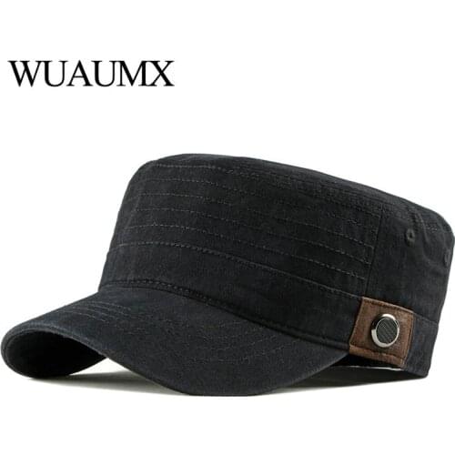 Wuaumx 2020 Fashion Flat Top Baseball Hats Spring Summer Outdoor Military Hats Men Women Washed Cap Solid Black army casquette