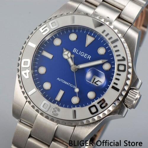 43mm BLIGER Blue Dial Luminous Sapphire Glass Ceramic Bezel MIYOTA Automatic Movement Mens Watch SS Strap