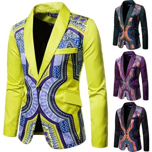 Mens Casual Ethnic Style Digital Pattern Blazer Men National Style Printing Suit Groomsmen Dress Costumes