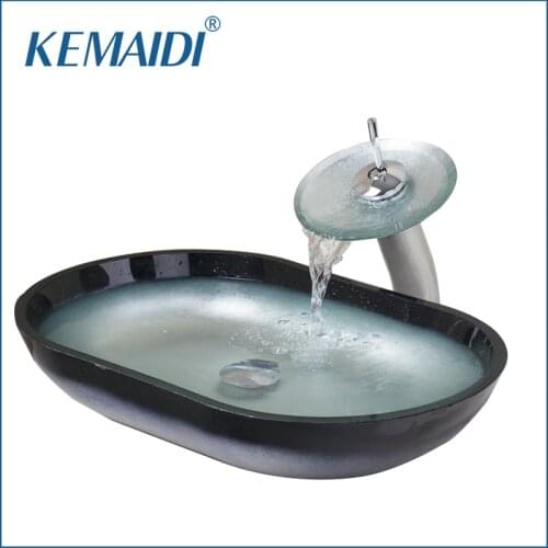 KEMAIDI Hand Painted Mandarin Bathroom Tempered Glass Vessel Basin Sink Faucet Set Lavatory Bath Brass Set Faucet Mixers & Taps