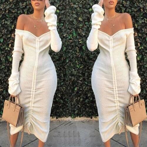 Autumn White Dresses Women Long Sleeve Sexy Bandage Dress Drawstring Cold Shoulder Midi Dress Backless