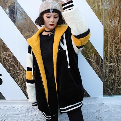 Neatie kiddie Winter Thick Fleece Womens Loose Parka Coat Color Block Patchwork Embroidery Streetwear Casual Coat