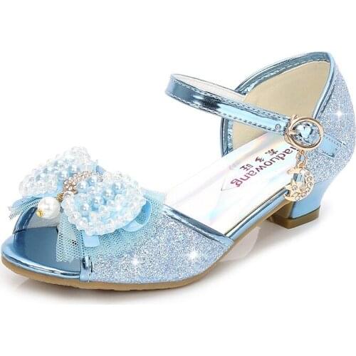 Butterfly-knot Rhinestone Pearl Sequined Pendant Girls Kids Shoes Summer Children Princess High Heels Sandals For Wedding Party
