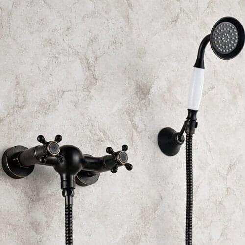Black Oil Rubbed Antique Brass Wall Mounted Dual Cross Handles Bathroom Shower Faucet Mixer Tap Set With Hand Shower Head atf033