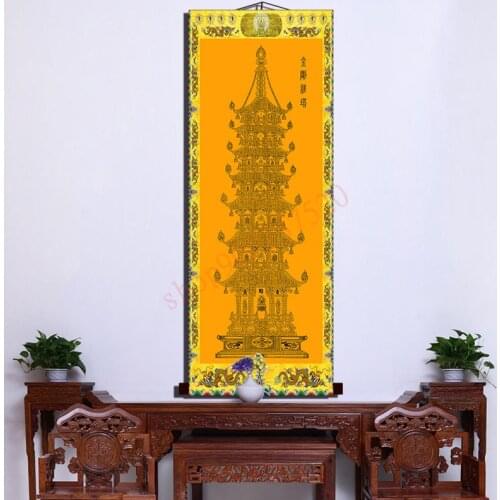 Vajra pagoda calligraphy and painting, scroll hanging painting Buddha Hall decoration silk painting, Prajna Paramita Heart Sutra