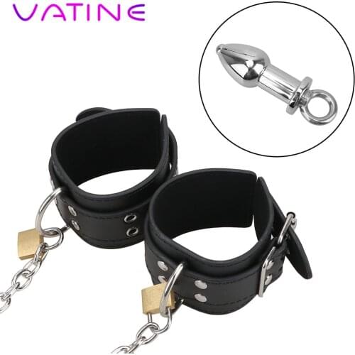 VATINE Enema Leather Wrist Cuff Sex Toys For Women Handcuff Bondage Kit Erotic Sex Restraints with Anal Plug Anal Plug