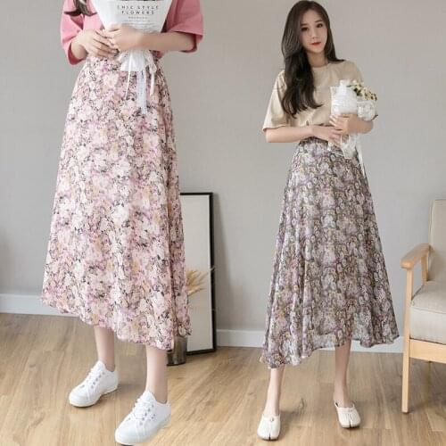TingYiLi Women Summer Floral Printed Midi Skirt High Waist Chiffon Skirt Long Korean Elegant Ladies Pink Purple A-line Skirt