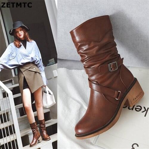 ZETMTC 2018 NEW Women Winter Boots Mid-Calf High Heels Round thick with womens boots Sexy Toe Ladies Boots Pumps Size 33-43
