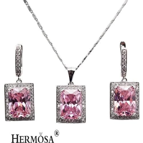 Hermosa Sweetie Lady Jewelry Sets Pink Kunzite Silver Color Earrings Pendant Necklace Set Shiny Women Party Gift Prom Hot