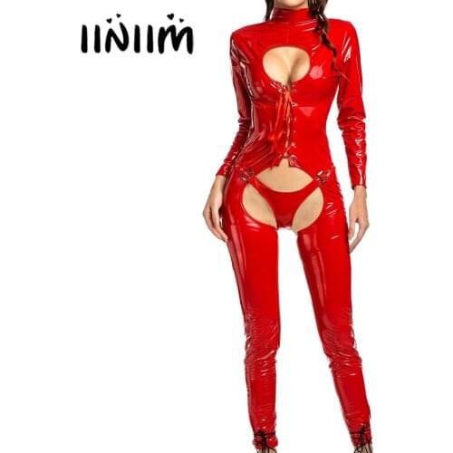 Women Lingerie Keyhole Lace-up Front Crotchless Bodysuit Wet Look Patent Leather Catsuit High Neck Open Butt Leotard with T-back