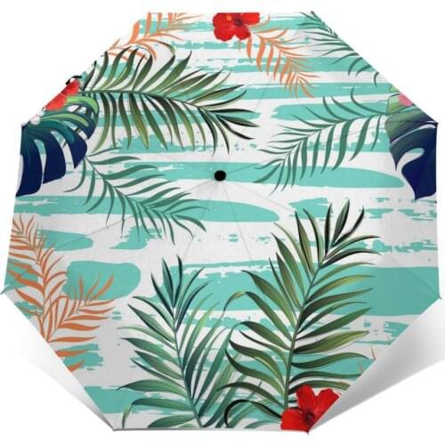 Sunny Umbrella Summer Palm Leaves Tropical Flowers Automatic folding portable men women Sunscreen rain Windproof beach parasol