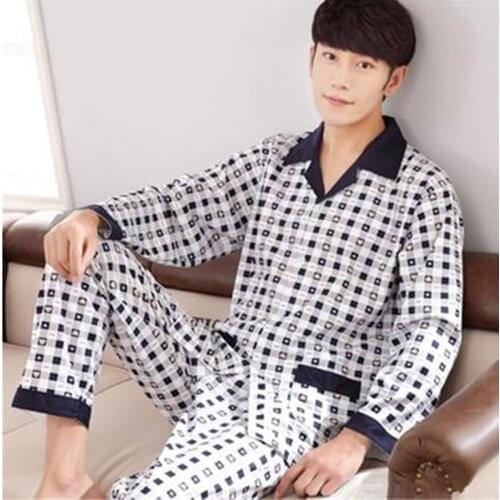 2020 Men Pyjama Set 100% Cotton Spring Long Sleeve Plaid Men Pajama Suit Autumn Nightwear Collar Pijama Male Sleepwear