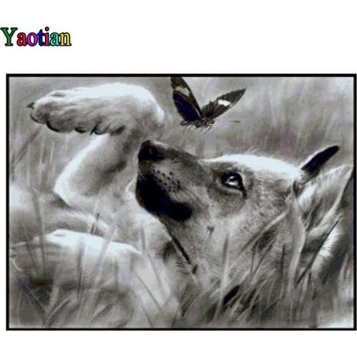 Full Drill square Stone 5D Diamond Painting German Shepherd playing with butterfly Diy Mosaic Rhinestone Embroidery Cross Stitch