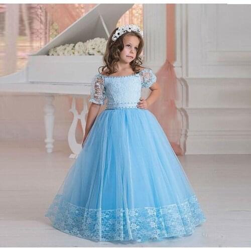 Pageant Blue Kids Flower Girl Dresses Boat Neck Princess Prom Lace Floor Length Children Clothing Girls Ball Gown Bridesmaid