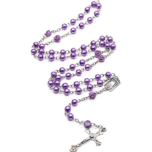 Religion Christian Simulated Pearl Rosary Necklace Virgin Mary Jesus Cross Pendants Long Beads Chains Church Confirmation Gifts