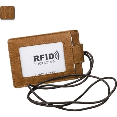 Portable RFID ID Badge Credit Card Holder Genuine Leather Pocket Case Business Wallet Lanyard