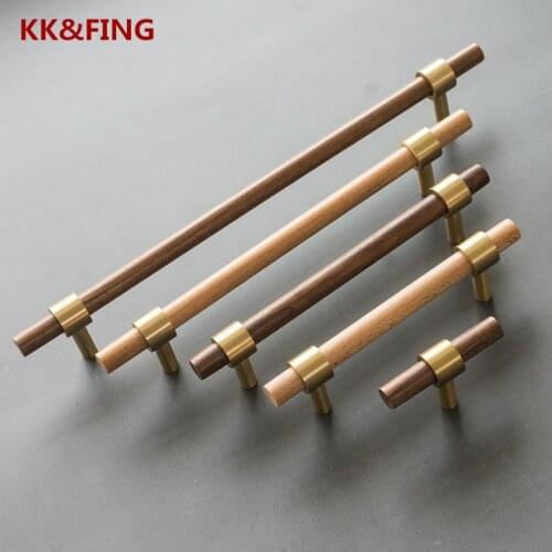 KK&FING Wood Brass Cabinet Handles Kitchen Door Knobs Drawer Pulls Beech Wooden Handles For Furniture Hardware Brass Knob