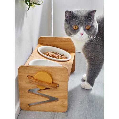 Cat bowl ceramic pet single double three bowl bamboo stand for cats and dogs tilted grain dining table basin pet supplies