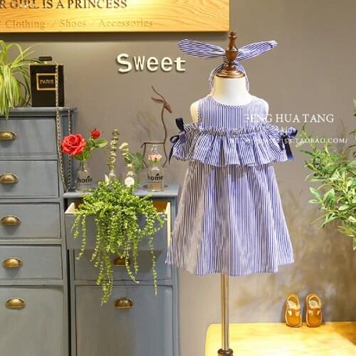 Girls Striped Summer Dress Girls Casual Ruffle Off Shoulder Sleeveless Birthday Party Princess Customes Dress