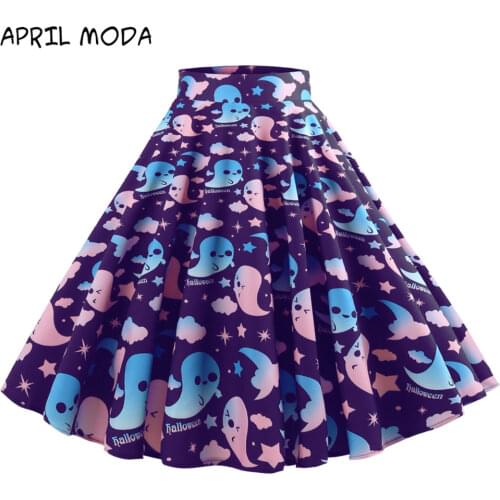 Ghost Bat Print Halloween Midi Skater Skirt Women High Waist Hepburn Vintage Skirts Casual Cotton A-Line Party womens Clothing