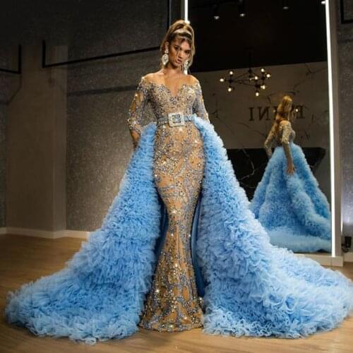 Luxury Extra Puffy Ruffle Tulle Over Skirts Detachable Train For Women Evening Dress 2020 Elegant Sky Blue Long Tulle Skirt