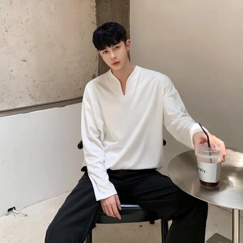 Shirt V-NECK Hoodie with solid color mens clothing Retro Handsome Personality Simple Early Autumn Korean style hundred long-sle
