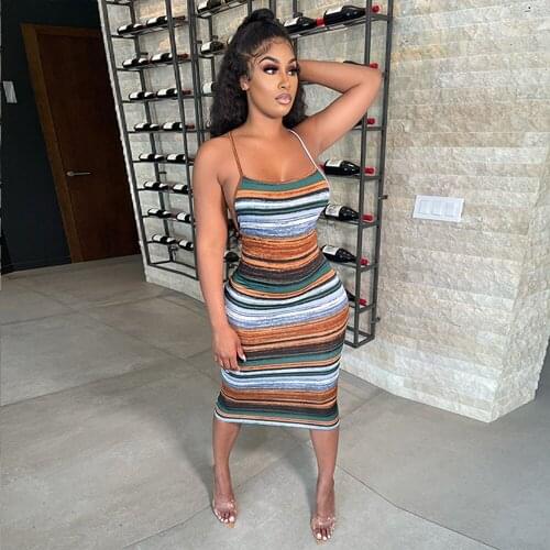 Striped Printed Women Long Backless Dress Sexy Elegant Spaghetti Strap Sleeveless Dresses Summer Body-shaping Party Vestidos