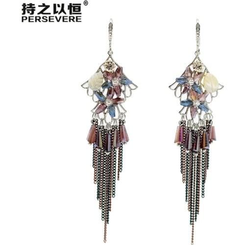 Ethnic Style Crystal Rhinestone Tassel Earrings Metal Chain Women Dangle Long Earrings 4 Colors Trendy Indian Jewelry