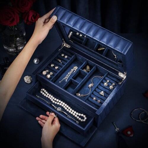 2021 New High Grade Genuine Leather Jewelry Box Organizer Multi-function with Lock Necklace Earrings Ring Jewellery Storage Case