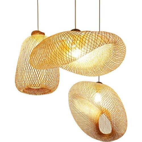 Japanese Bamboo LED E27 Wicker Rattan Wave Shade Pendant Light Lamp Suspension Home Indoor Dining Table Room Lighting Cafe