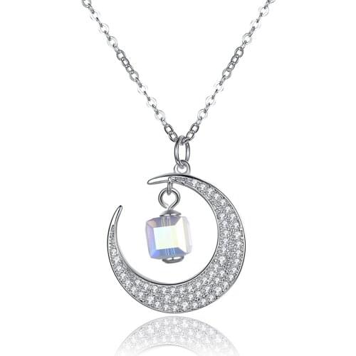 ZEMIOR Moon Necklace For Women Sterling Silver 925 Jewelry Colorful Square Austria Crystal Pendant Necklaces Engagement Gift