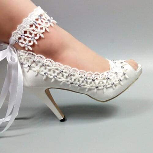 2019 New arrival Womens weddding shoes Bride White Lace shoes woman High heels ankle strap strap Pumps Peep Toe fashion shoes