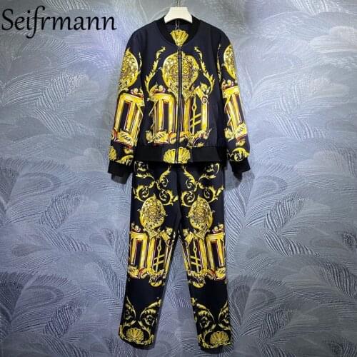 Seifrmann New 2021 Autumn Women Fashion Runway Pants Suits Lantern Sleeve Zip Coats + High Waist Vintage Print Long Pants Suits