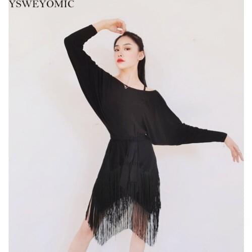 2020 Autumn Winter Ballroom Dance Skirt Costume Women Dress Long-sleeved Soft Loose Practice Tassles Latin Salsa Dance Dress L78