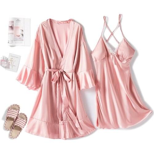 MECHCITIZ Sexy Womens Robe & Gown Sets Lace Bathrobe Night Dress 2 Pieces Sleepwear Womens Sleep Set Silk Robe Femme Lingerie