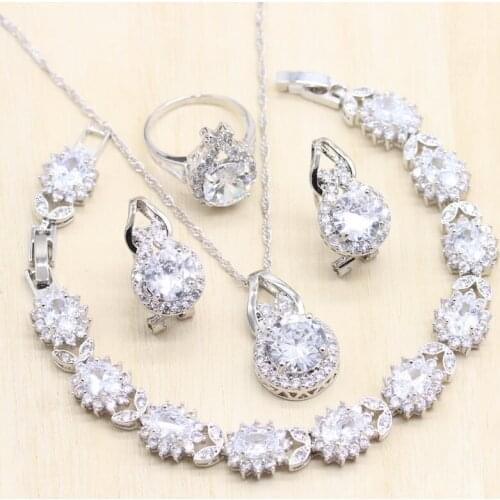 Women Gracious Silver Color Jewelry Sets White Cubic Zirconia Stud Earring Pendant Necklace Bracelet Ring gift