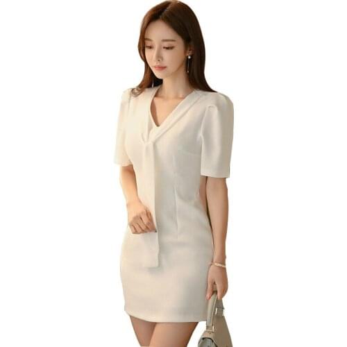 Sheer Elegant Dress Women for Wedding Party Short Sleeve Mini Wrap White Dress Ladies with Bow Casual Women Dresses Summer 2020
