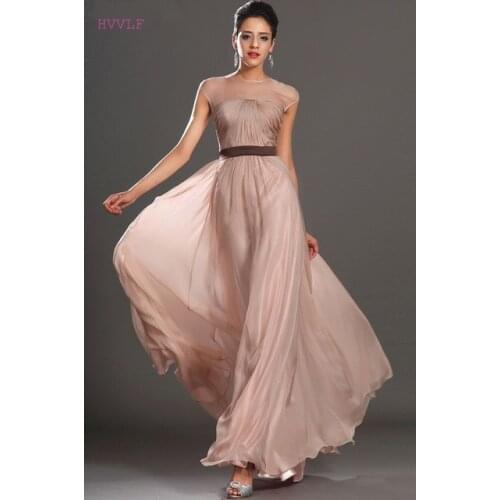 Champagne Evening Dresses A-line Cap Sleeves Chiffon Sash Plus Size Long Evening Gown Prom Dresses Robe De Soiree