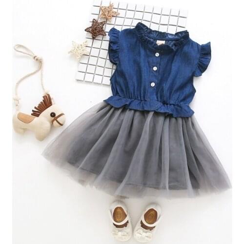 2018 Summer New Short Sleeve Dress Girl fashion cotton denim dress Mesh splicing tutu dress Girl cotton sweet cute dress