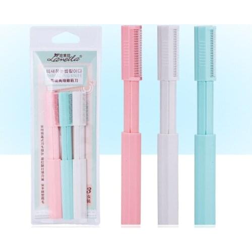 3 PCS /Set Eyebrow Trimmer Stainless Steel Eyebrow Shaver Sliding Cover with Eyebrow Comb Makeup