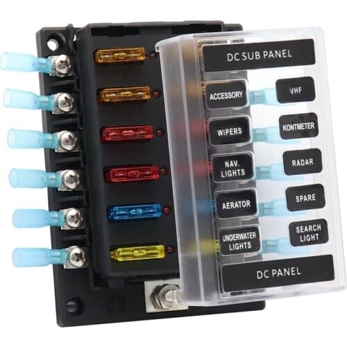 1Pc DC12-32V 6 Ways Blade Fuse Box Holder with Fuse piece LED Warning Indicator for Car RV Truck Boat Marine Fuse Accessories