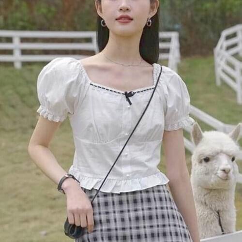 White Casual Elegant Blouses Women Summer 2021 Slim Designer Korean Style Sweet Top Black Bubble Sleeve High Street Shirts Beach