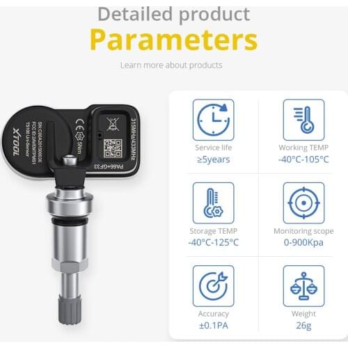 XTOOL TS100 Tire Pressure Sensor 433&315MHz 2 in 1 Programmable TPMS Sensor Work With TP150 And TP200 Universal Tyre Repair Tool