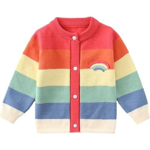 DFXD Kids Sweaters Girls Spring Autumn Long Sleeve Rainbow Striped Knitted Cardigan Jacket 100% Cotton Toddler Girls Sweaters